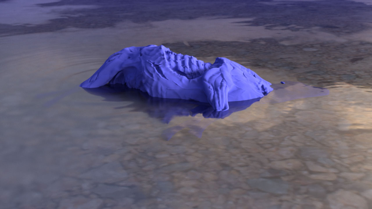 artificial intelligence video - carsten hoeller purple cow carcass sculpture in water