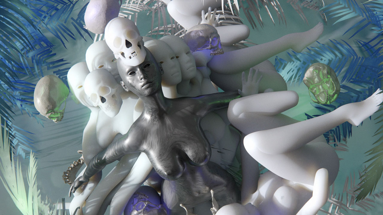 artificial intelligence - chrome woman sculpture skulls palm leaves