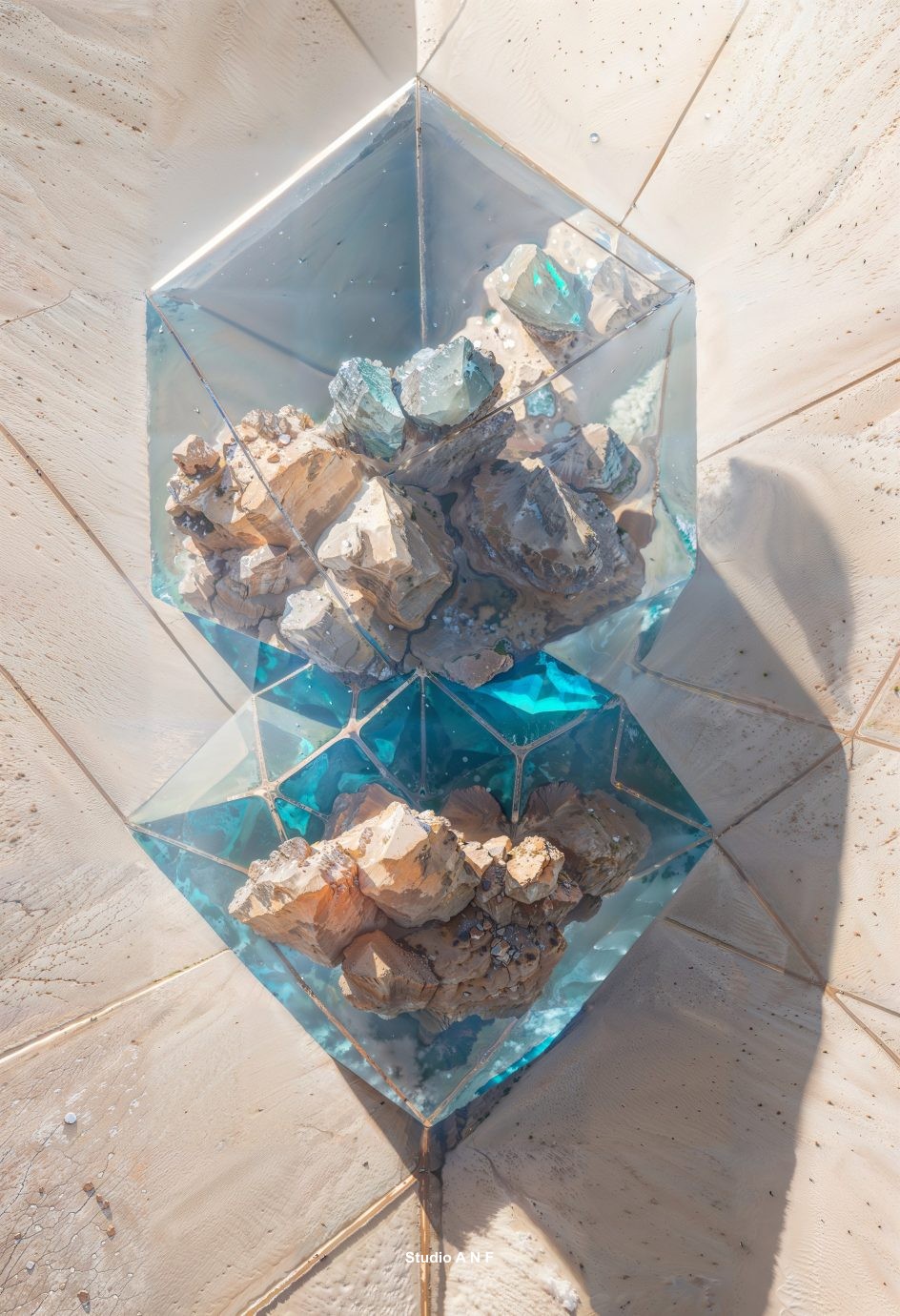 A geometric crystal sculpture comprising clear and aqua-tinted glass segments encapsulating rugged brown rocks, placed on a textured sandy surface under bright lighting.